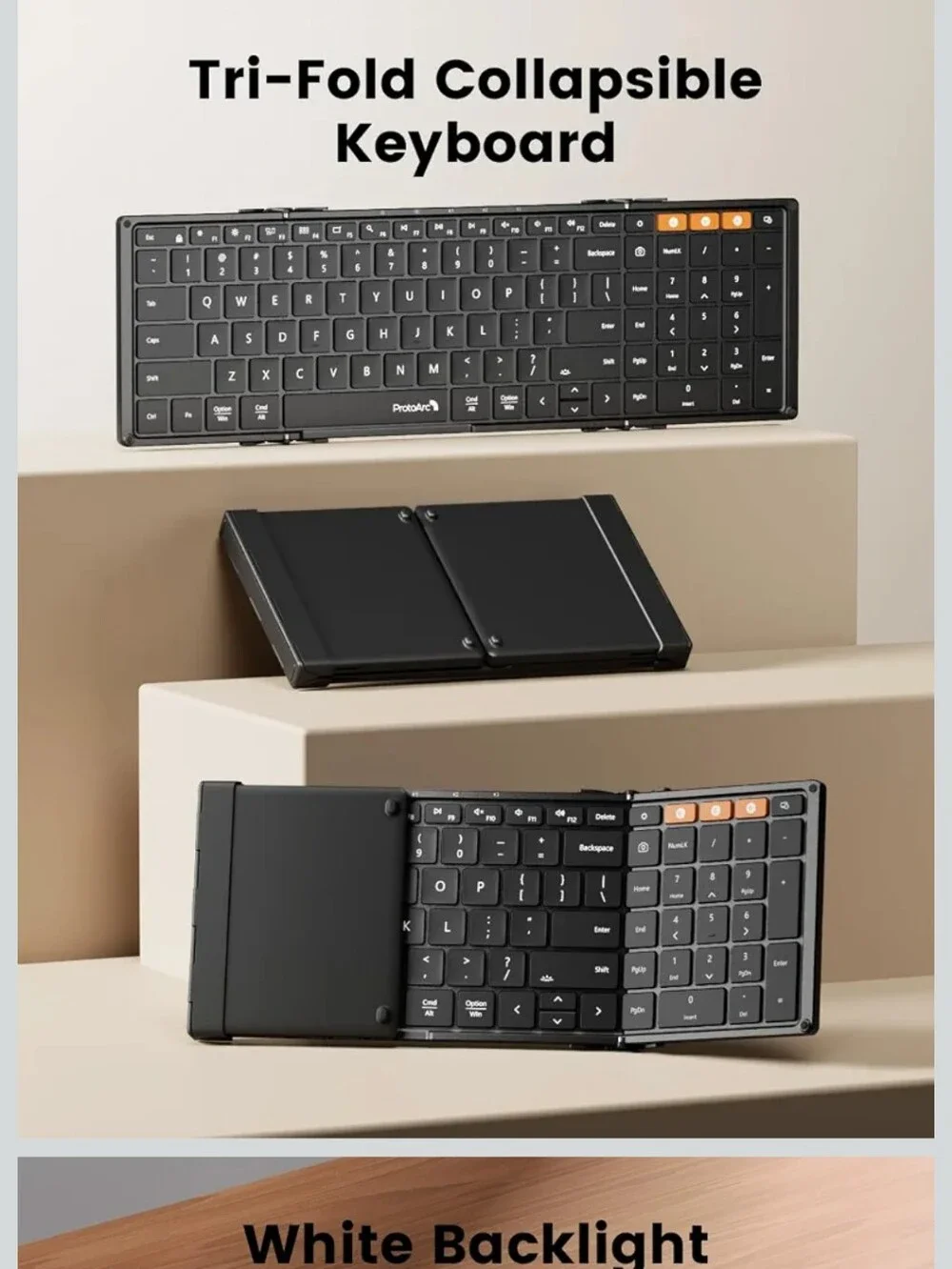 Backlit Tri-Fold Keyboard, Full-Size, Black, Number Pad